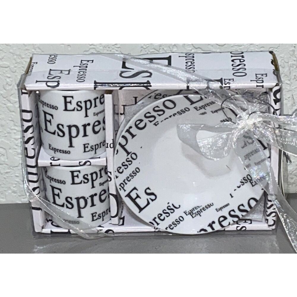 D'Lusso Design Demitasse Espresso Cup And Saucer Set For 2 Coffee Script Print